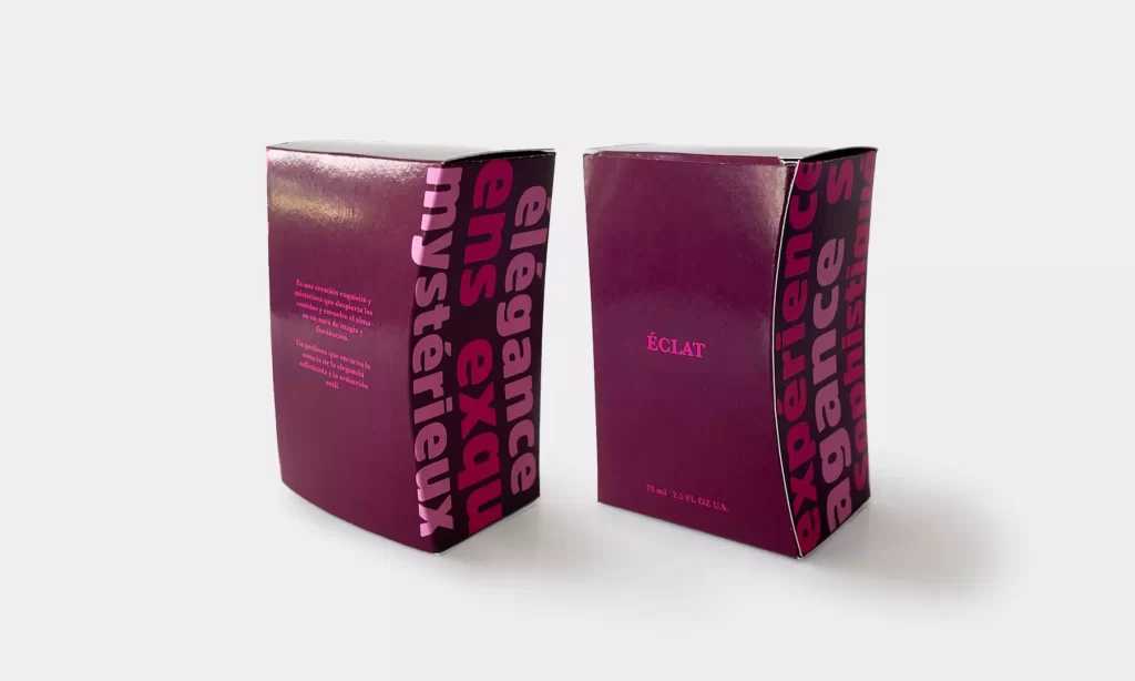 Diseño de caja para perfume en diferentes vistas y diseño de tipografías llamativas con suaje curveado a sus laterales